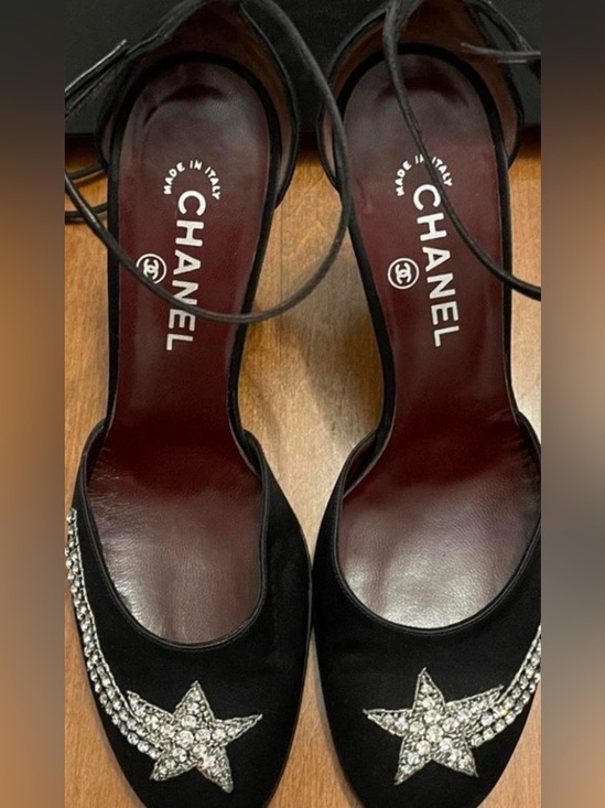 CHANEL Shoes - Vintage CHANELComette  Black Satin Crystal-Embellished  Heels Pumps shoes 39 1/2